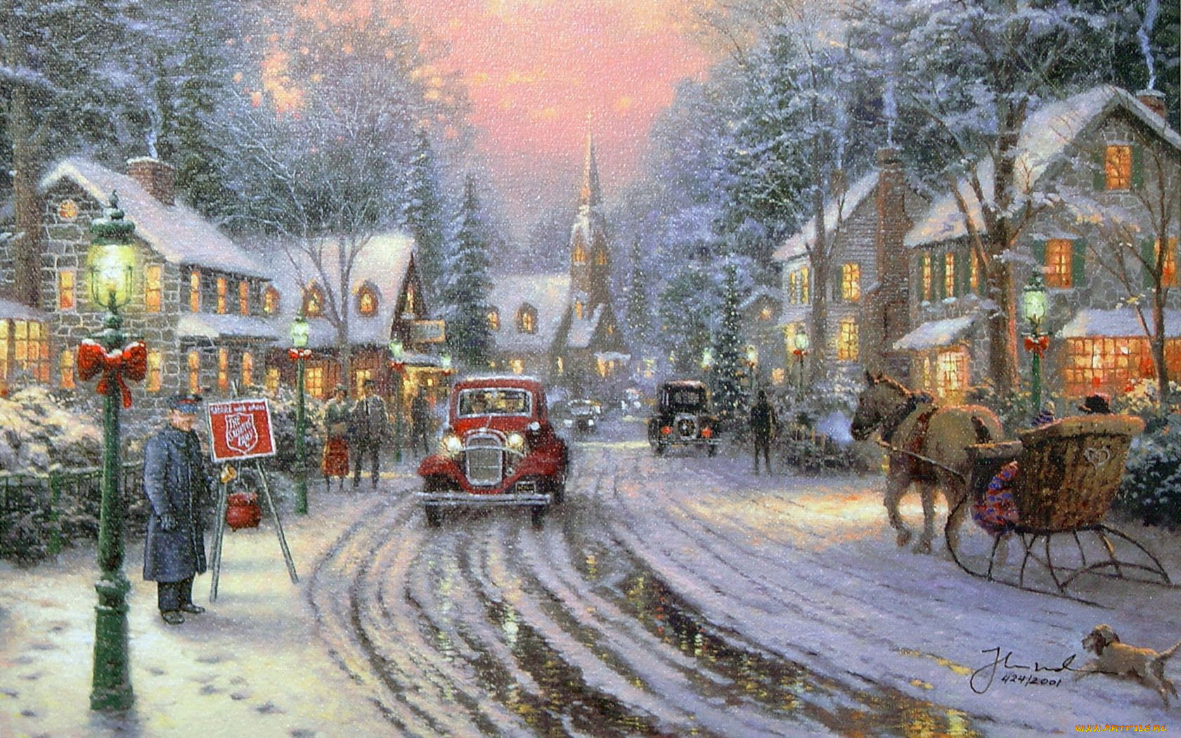 Обои Thomas Kinkade Рисованное Thomas Kinkade, обои для рабочего стола,  фотографии thomas, kinkade, рисованные, город, дорога, авто, сани, лошадь,  рождество, дома, снег, зима Обои для рабочего стола, скачать обои картинки  заставки на